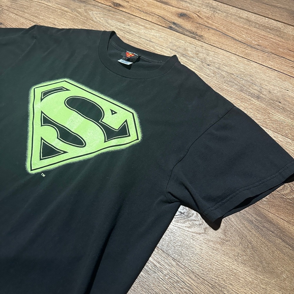 Vintage 2001 Warner Bros Superman Black Neon Green T-Shirt‎ Mens XL Delta